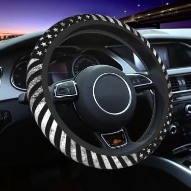 Imagem de Capa de volante preta com bandeira americana para mulheres e homens - Capa de volante patriótica de neoprene antiderrapante 38 cm capa protetora universal de acessórios de carro para veículos