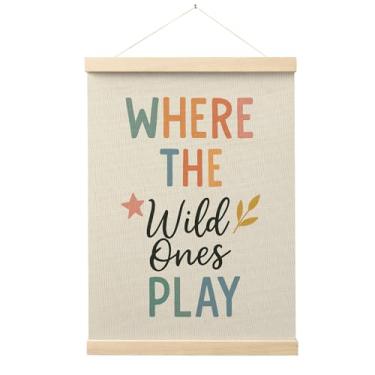 Imagem de Evcprz Where the Wild Ones Play Wall Art Poster Hanger Frame, Adventure Nursery Decor, Boho Neutro Berçário Impressão em tela para decoração de parede para quarto de crianças, sala de jogos, 30,5 x