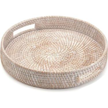 Imagem de Bandeja de mesa de café, bandeja grande de servir em vime, 35,5 cm, cesta de mesa redonda, bandeja organizadora de decoração de casa para café da manhã, chá, lanche, frutas, bandeja de tecido circular