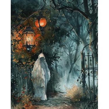 Imagem de XTXGERL Pintura fantasma de Halloween por números para adultos em tela, pintura de fantasma em arquivo por números, cenário de flores de floresta, kits de tintas acrílicas para decoração de casa (40,6