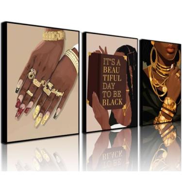 Imagem de Conjunto de arte de parede em tela com 3 peças, arte inspiradora para mulheres negras com joias de ouro e citações modernas, pintura em tela, impressão, pôster, imagem para sala de estar, quarto