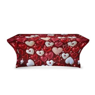 Imagem de Uorisanigo Toalha de mesa com estampa de coração vermelho 1,8 m para mesa retangular elástica elastano para mesas dobráveis de 1,8 m capa para decoração de festa do dia dos namorados