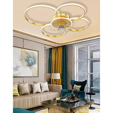 Imagem de Ventilador de teto LED com iluminação moderna em anel, dimerizável, ultra silencioso, com cúpula de acrílico e potência ajustável (Dourado, 4 anéis, 73W)