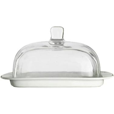 Imagem de GLETSF Manteiga à base de cerâmica com tampa, caixa de queijo de vidro transparente para bancada e geladeira, recipiente grande para conservar manteiga