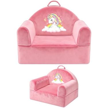 Imagem de Cadeira de sofá infantil com capa lavável removível e encosto de fita mágica, móveis aconchegantes de veludo de cristal para brincadeiras, cochilos e viagens (rosa macio, design de unicórnio)
