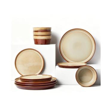 Imagem de Pokini Conjunto de louça de grés serviço para 4, marrom amarelo
