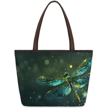 Imagem de Bolsa grande para mulheres animal libélula verde galáxia trabalho bolsas de pano com zíper reutilizável mercearia bolsa casual viagem pernoite tote bolsas adequadas para viagens, trabalho, férias