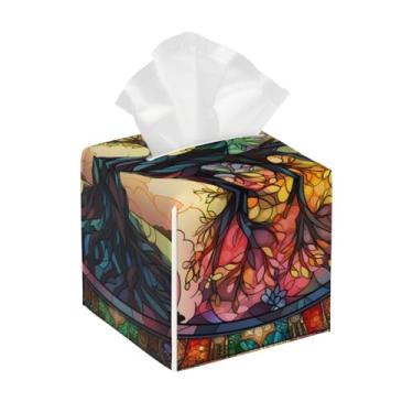 Imagem de Suporte quadrado de couro para caixa de lenços de papel, impermeável, colorido, árvore da vida, organizador de papel facial com cinto inferior, estojo de lenços para mesa, banheiro, escritório, mesa