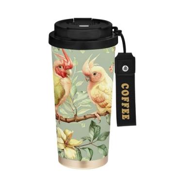 Imagem de SEHANY Caneca de café de viagem Flores e pássaros de 482 g com tampa revestida de cerâmica e à prova de vazamento, parede dupla, copo de aço inoxidável isolado a vácuo para bebidas quentes e frias