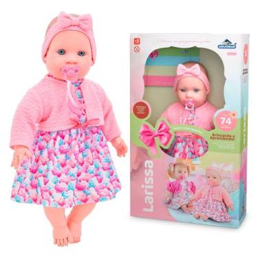 Imagem de Boneca Larissa Com Vestido Rosa Lacinho Fala 74 Frases Educativas Infa