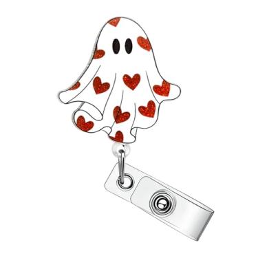 Imagem de Carretel de crachá de fantasma fofo dos namorados carretel de crachá de enfermeira retrátil com glitter coração vermelho fantasma retrátil com clipe jacaré, clipe de crachá de dia dos namorados