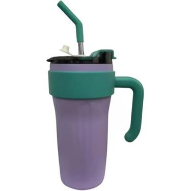 Imagem de Copo Térmico 800ml com Canudo Inox e Alça Ergonômica – Conserva Bebidas Quentes e Frias, Tampa Vedada, Antivazamento, Ideal para Viagens, Academia e Escritório. (Rosa c/Verde)