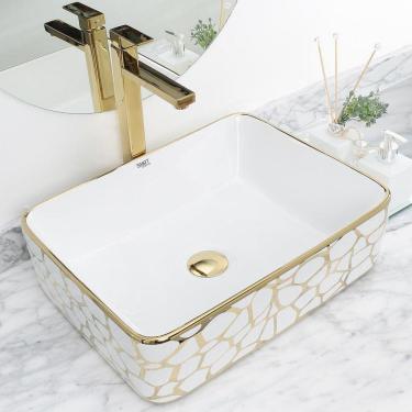 Imagem de Kit Cuba Pia Louça Cerâmica Banheiro C/ Torn e Vál Dourada 9