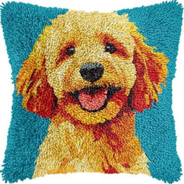 Imagem de Kits de travesseiro de gancho de trinco para iniciantes Golden Doodle Dog Agulha Crochê Kits com padrão bordado almofada gancho e trinco fronha tapete casa sofá decoração 43 x 43 cm-3