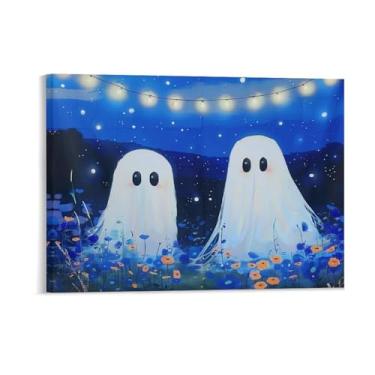Imagem de HouLaiZhe Pôster de Halloween com estampa de arte de parede em tela de noite estrelada de fantasma fofo decoração de parede gótica para sala de estar quarto 18 x 24 polegadas (45 x 60 cm)