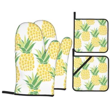 Imagem de Conjunto de luvas de cozinha estampadas e de abacaxi com suportes de tampa, luvas de forno resistentes ao calor para lidar com panelas quentes, grelhar, churrascos, kit de 4 peças.