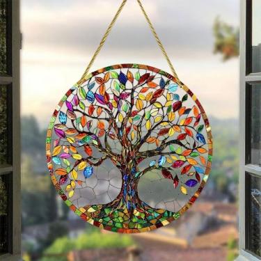Imagem de Enfeite de pendurar acrílico para decoração de janela redonda com árvore colorida padrão artístico estilo apanhador de sol, prato de pendurar para exibição de jardim e Natal