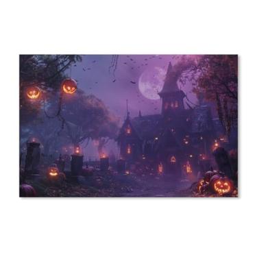 Imagem de HouLaiZhe Pôster de Halloween Castelo de Abóbora Lua Roxa Impressão de Arte de Parede Decorações de Halloween Decoração de Parede Estética Gótica para Sala de Estar Quarto 11 x 17 polegadas (28 x 43