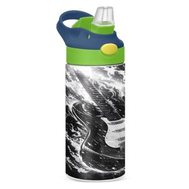 Imagem de Wassud Garrafa de água de guitarra preta infantil isolada com tampa de canudo Garrafas de água de aço inoxidável para crianças 350 ml