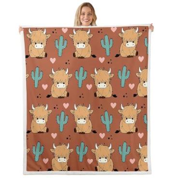 Imagem de Cobertor de lã de vaca Kawaii Highland para viagens, cacto marrom, botânica, sherpa, casa de fazenda, animais selvagens, pelúcia felpuda, 127 x 152 cm, decoração de casa retrô vintage, decoração de