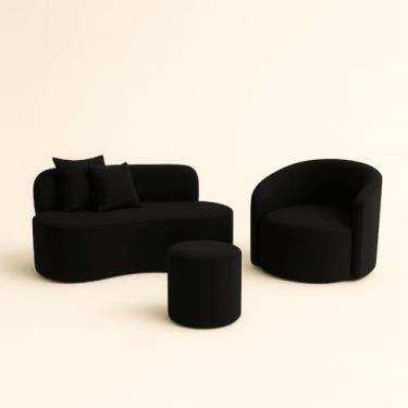 Imagem de Conjunto 01 Poltrona + Sofá e 1 Puff Curvo Orgânico Nature Gaia Sued Preto - Montanaris Decor