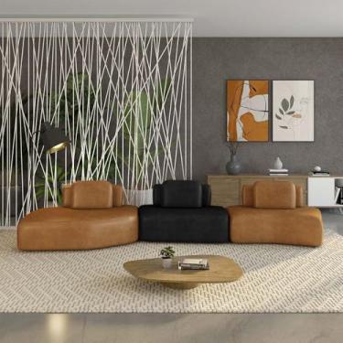 Imagem de Sofá Ilha Sala de Estar Dakota 3 Módulos 484cm Encostos Almofadas Soltas PU Caramelo/Preto G33 - Gran Belo