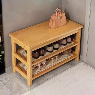 Imagem de uhyOHF Sapateira de 3 andares, banco de armazenamento de sapatos de madeira maciça de entrada, suporte de vários níveis para corredor, sala de estar, mudroom, banheiro, hall de entrada (cor de madeira