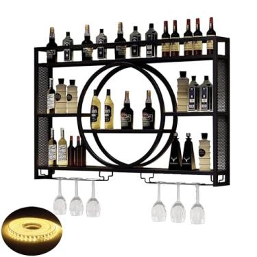Imagem de GKPSSURV Rack de vinho montado na parede com luz LED e suporte de copo de vinho, prateleira de licor de barra de ferro, prateleiras de vinho de parede flutuante, prateleira de exibição de garrafa de