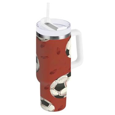 Imagem de STAYTOP Copo de futebol colorido de 1,134 g com tampa e canudo, copo isolado de aço inoxidável durável à prova de vazamento com alça, garrafas de água à prova de derramamento para viagens