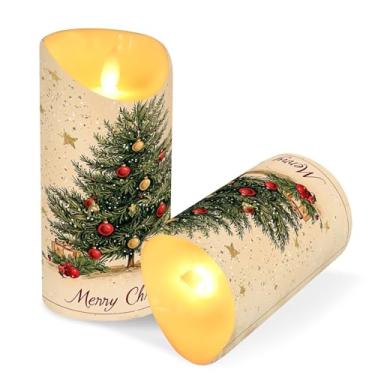 Imagem de Blueangle Pacote com 2 velas vintage de árvore de Natal sem chamas com controle remoto e temporizador, velas LED cintilantes (7,6 cm x 9,9 cm) para decoração de casa, casamento, acampamento (974)