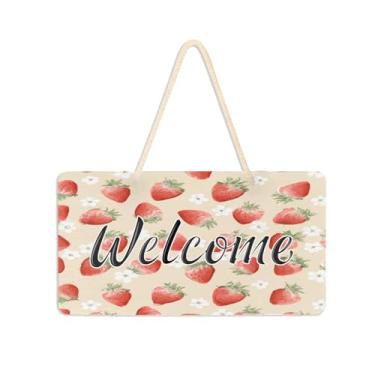 Imagem de Burbuja Placa de boas-vindas de morangos em aquarela para porta da frente, placa de boas-vindas de PVC para decoração de férias, 15 x 28 cm