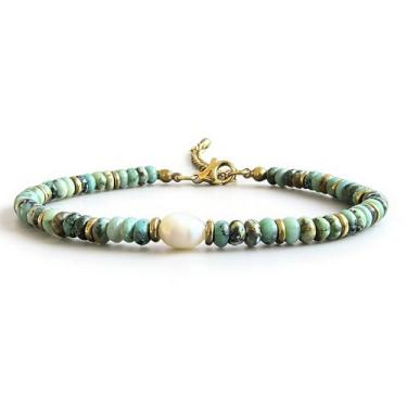 Imagem de Plumiss Pulseira feminina com contas feitas à mão, pedras turquesas africanas naturais de água doce, pulseiras boêmias, joias modernas, presentes para amantes, mães, amigas