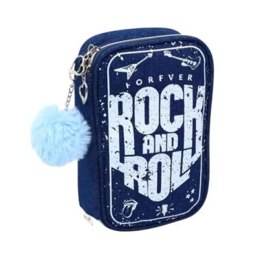 Imagem de Estojo Escolar Grande Rock Roll Jeans Divisórias Pompom Azul Volta as Aulas Tendência Menina Menino