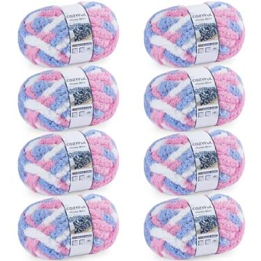 Imagem de Cozyful Fio grosso para tricô manual - #10 Fio de cobertor de chenille grosso, azul, rosa e branco