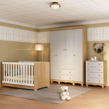 Imagem de Quarto De Bebê Completo Com Berço Americano 3 Em 1 Dengo Multimóveis MP4588 Madeirado-off White
