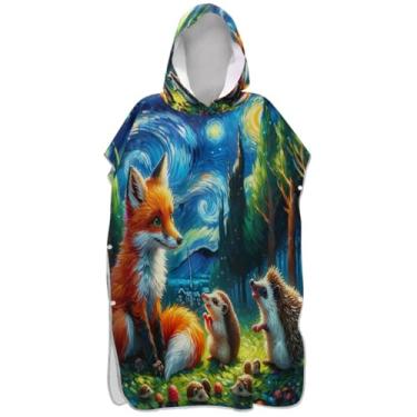 Imagem de Joisal Roupão fofo de raposa estrelada noite surfe para adultos plus size ponchos femininos com capuz toalha de natação com capuz