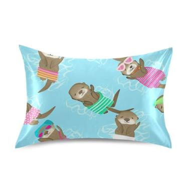 Imagem de Playful Otters Colorido Roupa de Banho Fronhas de Cetim Gráfico Bonito Refrescante King Queen Travesseiros Padrão Slips Sleepy Fronha Tamanho Padrão 66.0 cm x 50.8 cm