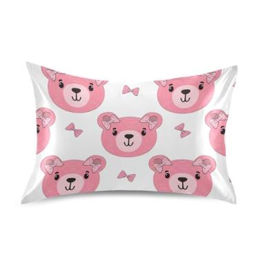 Imagem de Fronhas fofas de urso rosa desenho animado cetim legal padrão resfriamento padrão queen king size travesseiros roupa de cama decoração de casa king size 101,6 cm x 50,8 cm