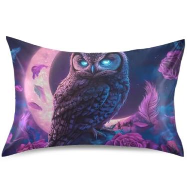 Imagem de Capas de almofada de cetim floral roxo de coruja neon para cabelo King Queen capa de travesseiro padrão animais capa de almofada macia para cama, tamanho padrão, 66 cm x 50 cm