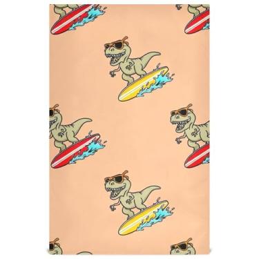Imagem de Joisal Toalhas de chá de mão bonito desenho animado dinossauro prancha de surf conjunto de toalhas de prato decoração de cozinha para lavar louças, absorvente macio 18 x 28 polegadas, 1 pacote
