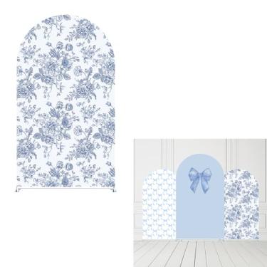 Imagem de Blue Bows Capa de fundo de arco para festa de aniversário de bebê em flores floral batismo chá de casamento decorações top arco redondo suporte elastano capa (1,25 x 0,9 m)