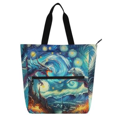 Imagem de Bolsa feminina Dragon Wolf Starry Night Work Tote Bag de lona para livros de praia com zíper para professores e amantes de livros presentes