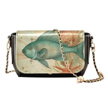 Imagem de GAIGEO Bolsa tiracolo de flor vintage com alça longa, bolsa de ombro de couro, bolsas transversais médias para mulheres, Peixe borboleta vintage envelhecido vida marinha, One Size