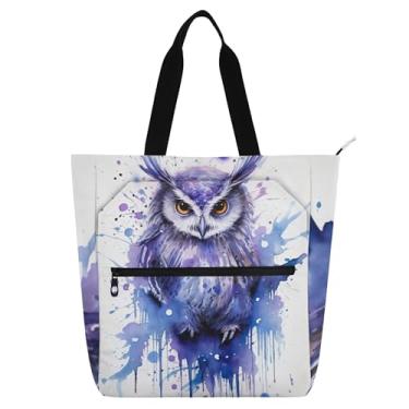 Imagem de Sacola feminina violeta de coruja aquarela para trabalho, lona, zíper, bolsa de praia, bolsas para professores, amantes de livros, presentes
