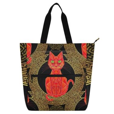 Imagem de GAIGEO Bolsa feminina estilizada de gato vermelho geométrico preto bolsa escolar de lona com zíper bolsa carteiro com compartimentos