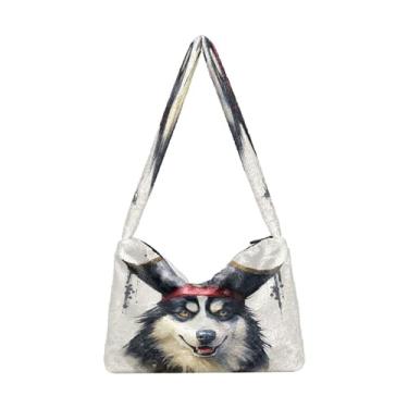 Imagem de Bolsa de ombro roxa de Halloween com abóboras no ombro, bolsas para mulheres, bolsas de outono, Cachorro Husky fofo usando um chapéu de pirata, One Size