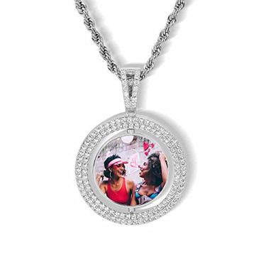 Imagem de QUNTING Pingente de foto dupla face, colar personalizado, imagem faça você mesmo, corrente com pingente de memória, chaveiro gelado, etiqueta de cachorro, joias hip hop, Zircônia cúbica, Zircão