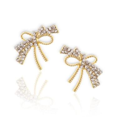 Imagem de Agriajun Brincos de ouro com laço moderno para mulheres – pingente de fita brilhante para presente, Aço inoxidável, Zircônia cúbica