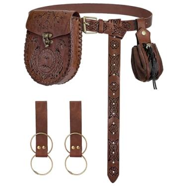Imagem de Conjunto de bolsa de cintura com cinto renascentista – bolsa de moedas viking medieval pirata saia caminhada para LARP acessórios de cosplay de Halloween, Marrom, Estilo pirata viking medieval
