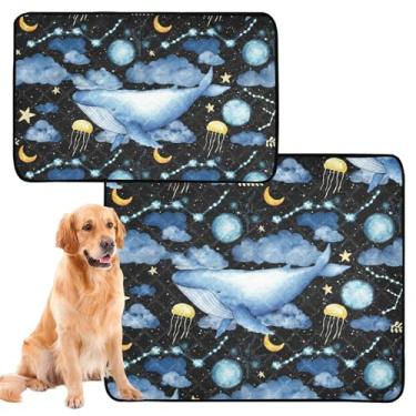 Imagem de Aquarela Baleias Azuis Espaço Noturno Reutilizável Almofada para Animais de Estimação Lavável Cachorro Pee Pads Impermeável para Caixote Absorvente, Almofadas de Penico de Filhote, Médio + Grande